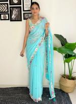 Faux Georgette Sky Blue Festival Wear Sequins Work Saree